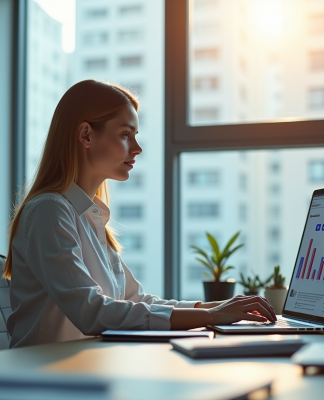 Femme professionnelle analysant sa reputation en ligne sur un ordinateur