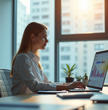 E-réputation : définition et enjeux pour votre image en ligne Femme professionnelle analysant sa reputation en ligne sur un ordinateur