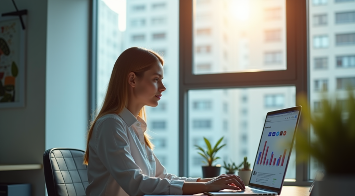 Femme professionnelle analysant sa reputation en ligne sur un ordinateur
