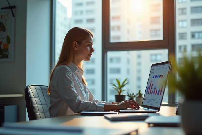 femme-professionnelle-reputation-en-ligne Femme professionnelle analysant sa reputation en ligne sur un ordinateur