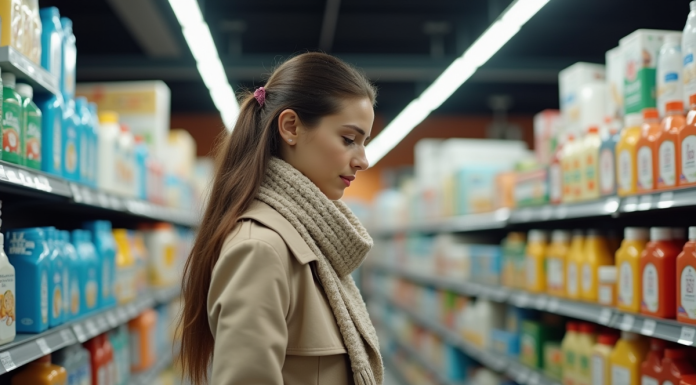 Jeune femme russe faisant ses courses dans un supermarché