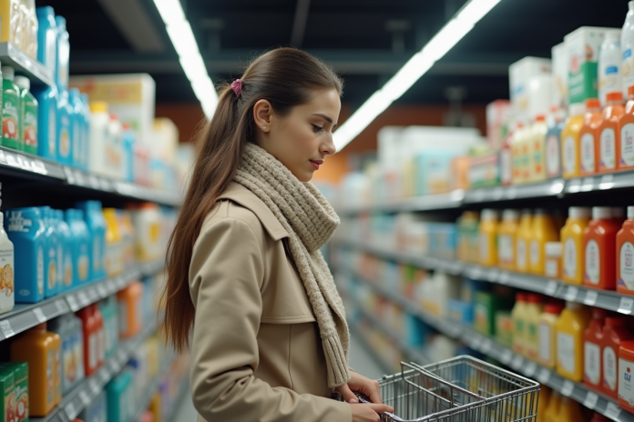 Jeune femme russe faisant ses courses dans un supermarché