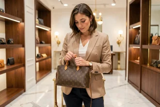 Femme élégante examinant un sac Louis Vuitton dans une boutique de luxe parisienne, illustrant le rapport prestige-prix des marques LVMH en 2026