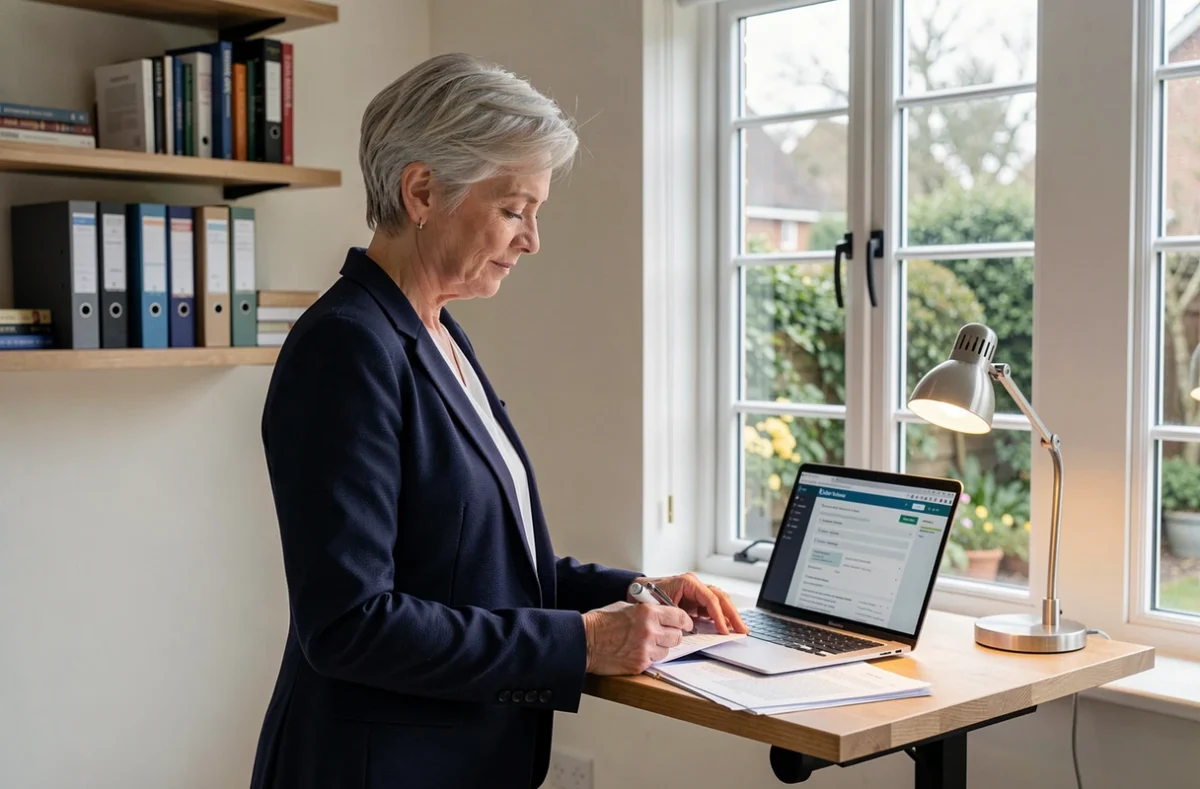 Femme senior en télétravail consultant un tableau de bord sécurisé sur ordinateur portable dans un bureau à domicile organisé
