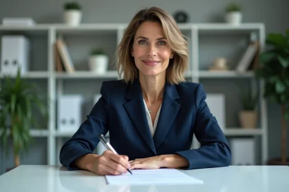 Femme professionnelle signant un contrat dans un bureau moderne