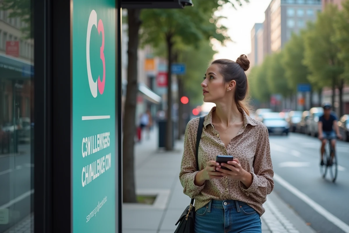 Femme sceptique regardant une publicité dans la rue
