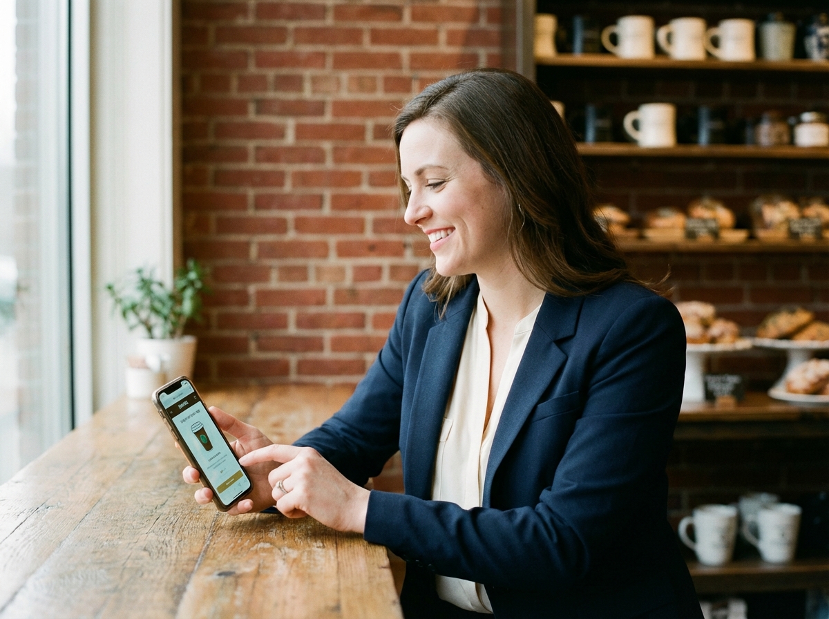 Femme souriante utilisant une application de fidélité sur son smartphone