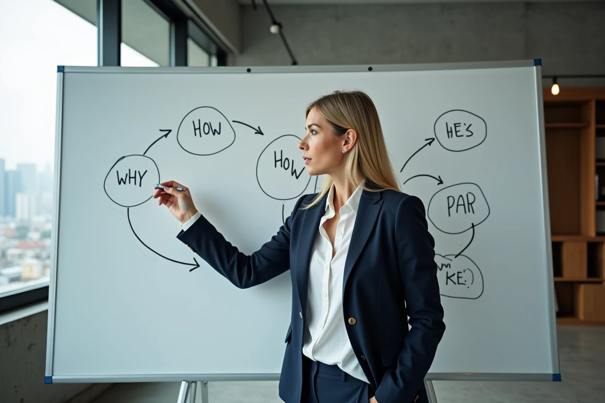 Femme stratège devant un tableau blanc avec les concepts Why How What dans un bureau moderne