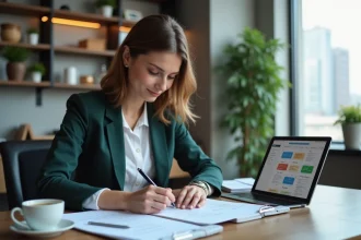 Femme professionnelle étudie stratégie digitale dans un bureau moderne