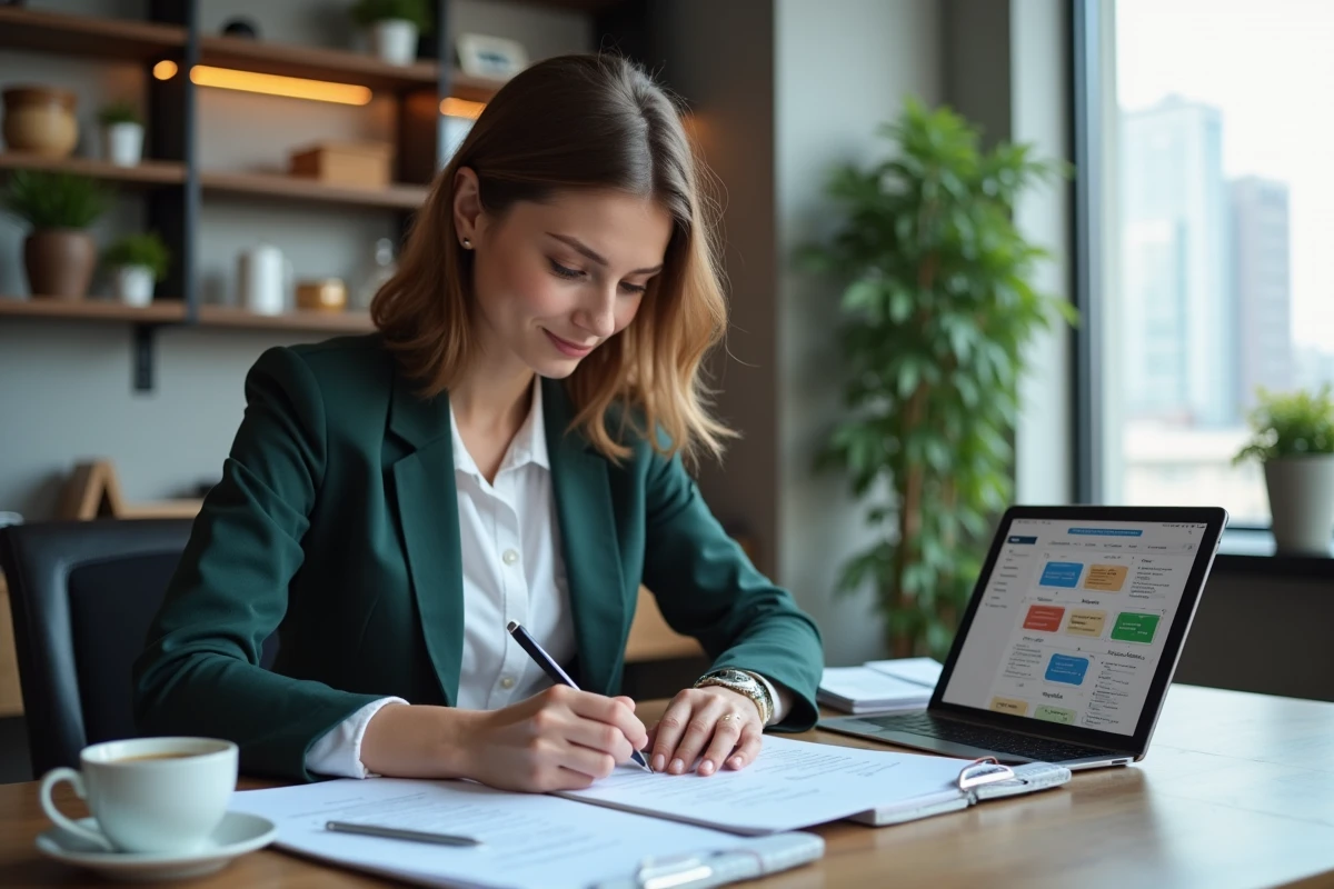Femme professionnelle étudie stratégie digitale dans un bureau moderne