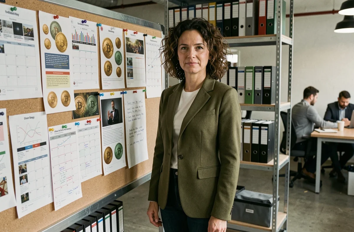 Femme stratège en marketing de contenu devant un tableau de planification avec calendrier éditorial et visuels business dans un espace de coworking