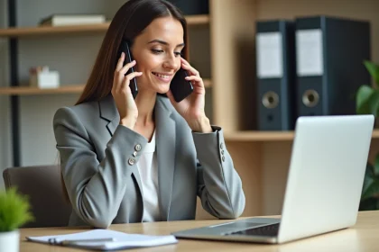 Femme au téléphone contactant l'Urssaf depuis son bureau à domicile avec un ordinateur portable ouvert