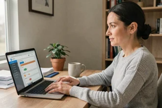 Femme en télétravail accédant à un portail sécurisé sur son ordinateur portable depuis son bureau à domicile
