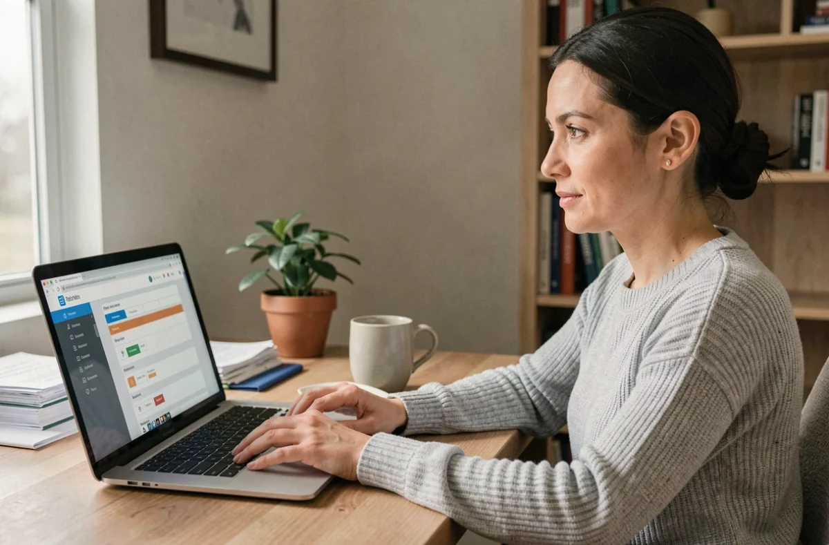 Femme en télétravail accédant à un portail sécurisé sur son ordinateur portable depuis son bureau à domicile