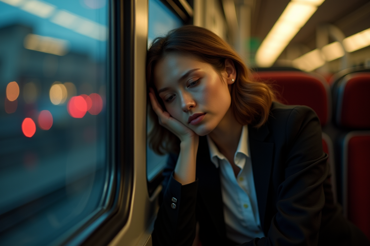 Jeune femme fatiguée dans un train en soirée