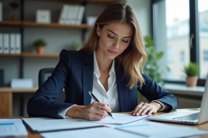 Femme professionnelle remplissant un formulaire de réclamation