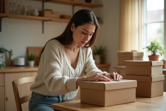 Femme travaillant à domicile en emballant des cartons à sa table de cuisine, illustration du travail à domicile emballage