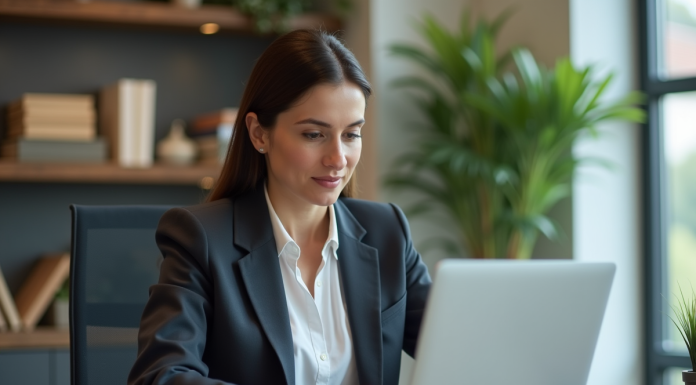 Femme en bureau mettant à jour son profil Google Business