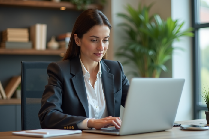 Femme en bureau mettant à jour son profil Google Business