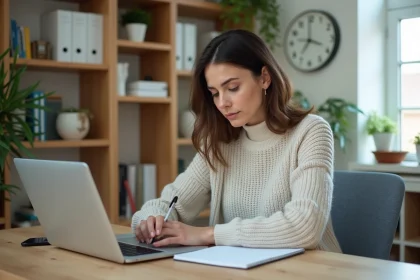 Jeune femme travaillant à son bureau à domicile