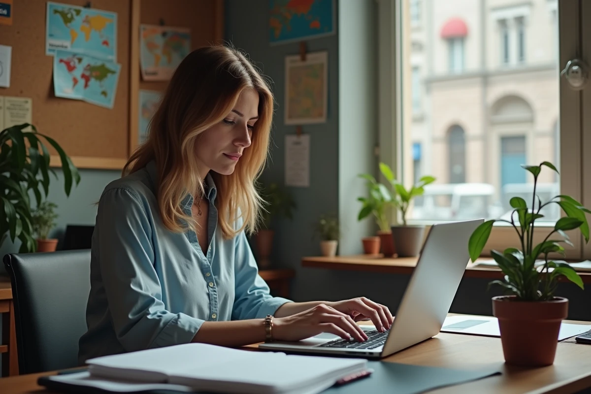 Femme travaillant seule sur son ordinateur dans un bureau cosy