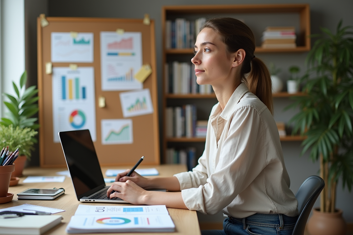 Femme travaillant à son bureau à domicile avec graphiques marketing