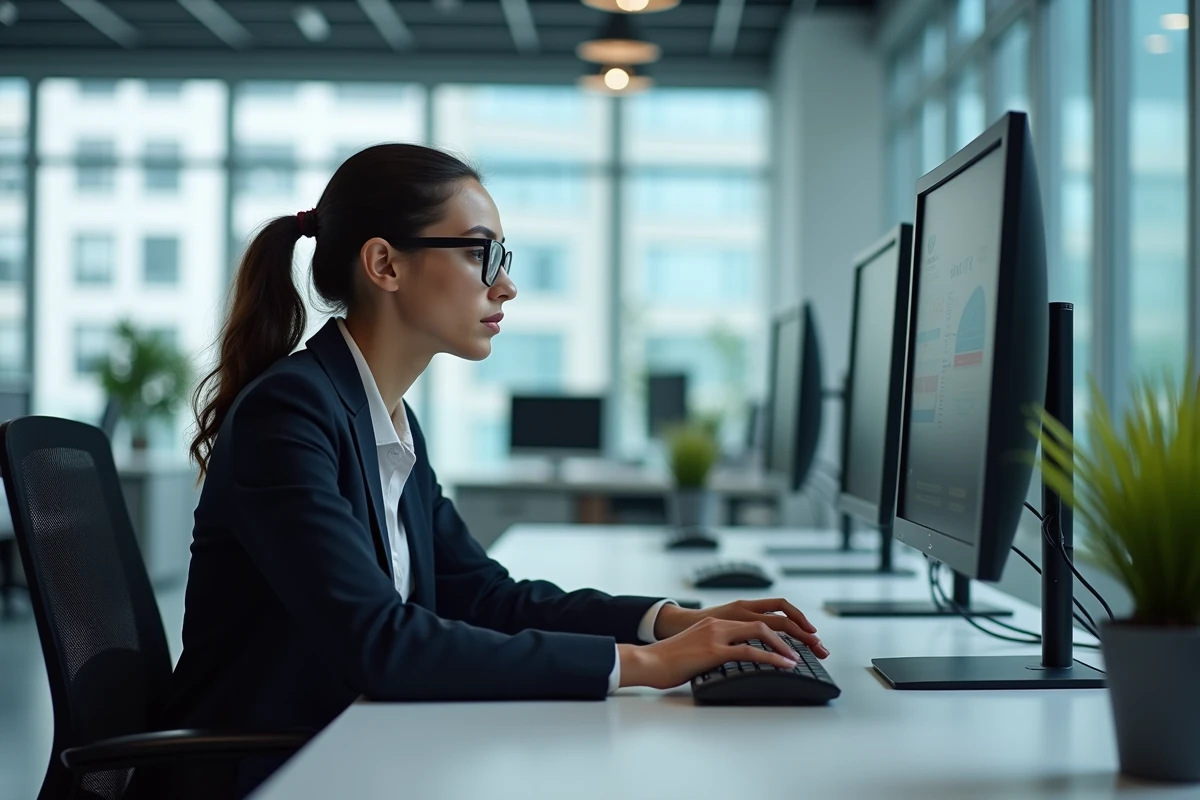 Jeune femme analysant des donn&eacute;es sur son ordinateur
