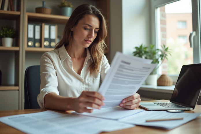 femme-travail-organisation-bureau Femme en tenue décontractée dans un bureau organisé