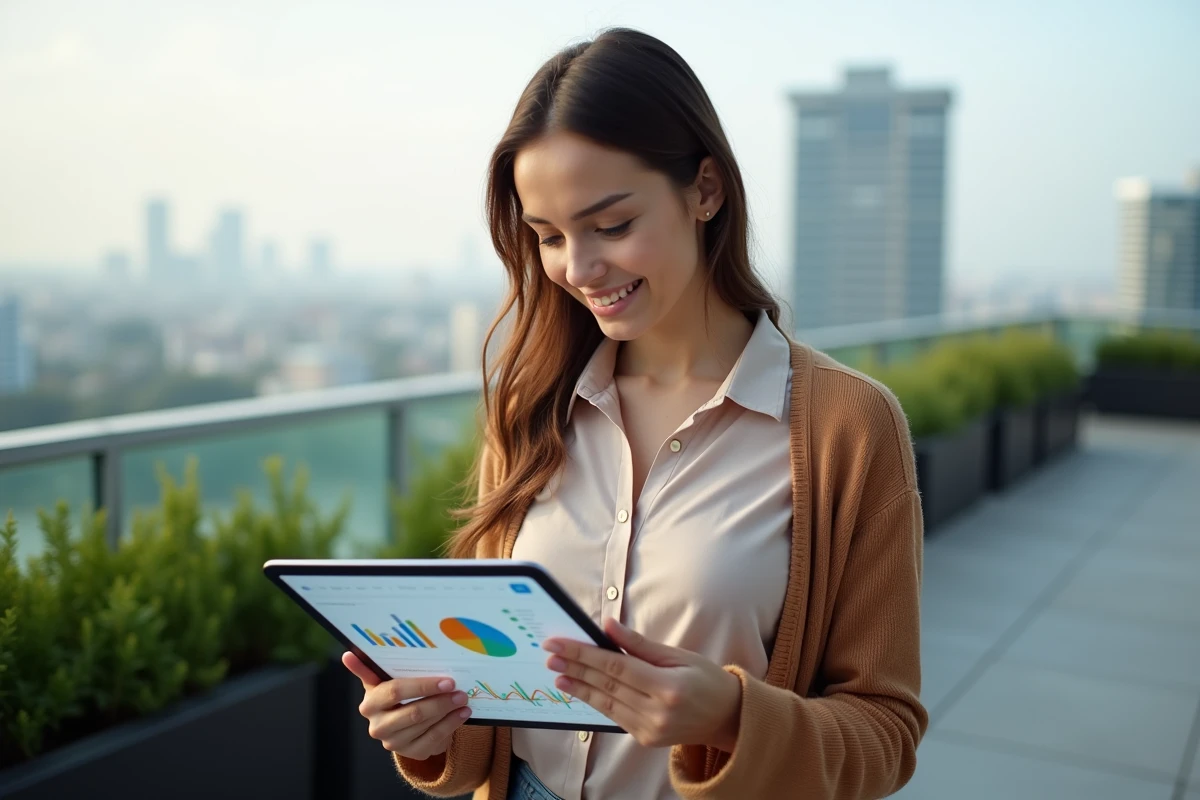 Jeune femme avec tablette de graphiques financiers en extérieur
