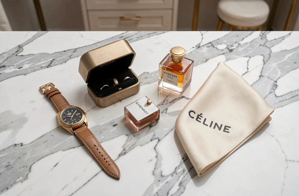 Flat lay d'accessoires de luxe LVMH incluant montre TAG Heuer, parfum Givenchy et foulard Céline sur marbre blanc, comparatif rapport qualité-prix