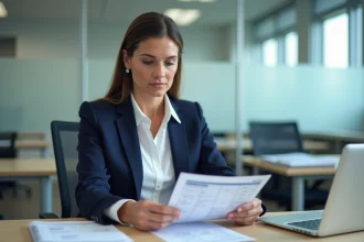 Fonctionnaire titulaire en blazer marine examinant des documents de grille salariale dans un bureau administratif moderne