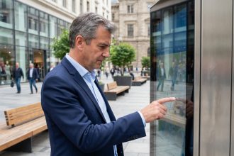 Fonctionnaire urbain en costume interactant avec un kiosque numérique