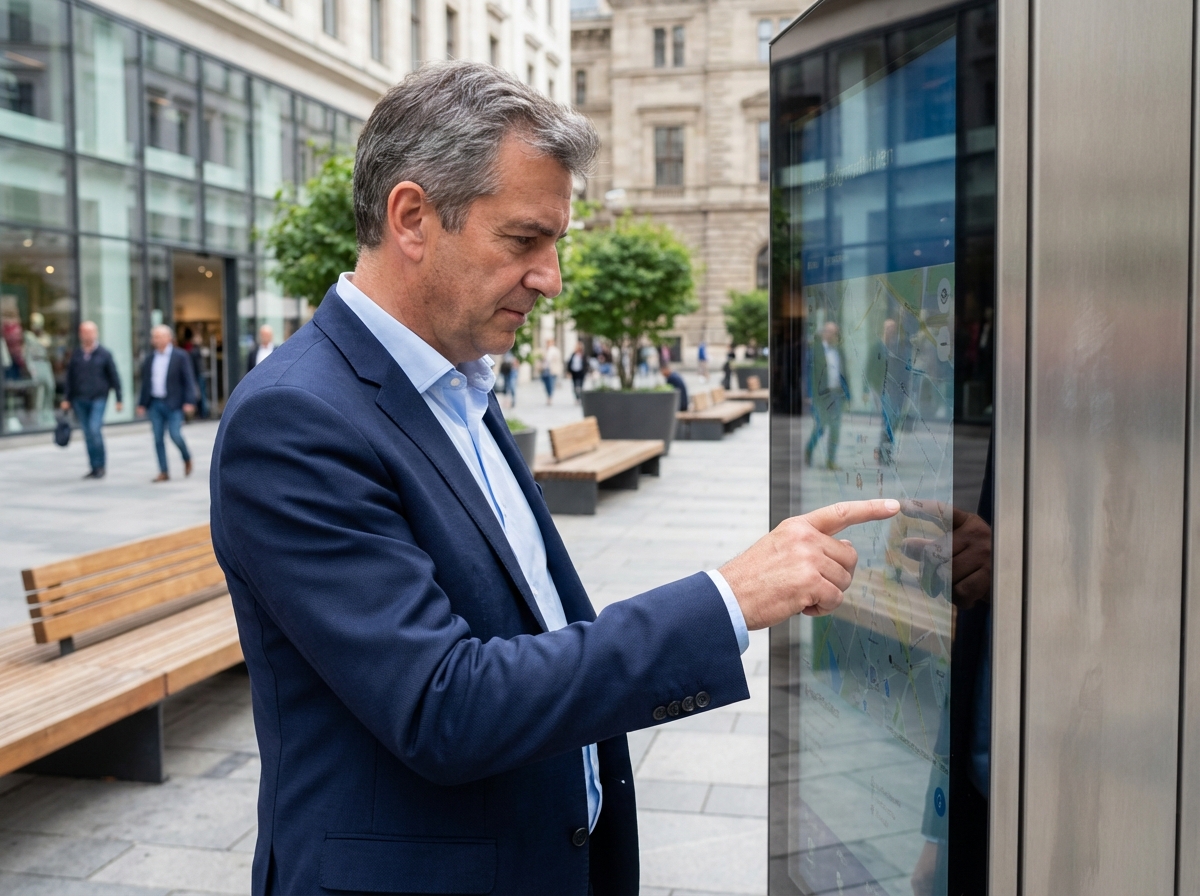 Fonctionnaire urbain en costume interactant avec un kiosque numérique