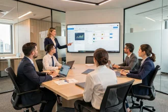 Formatrice présentant l'extranet courtage AXA à une équipe réunie en salle de réunion moderne