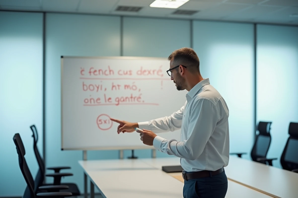 Formateur expliquant une erreur de langage courant lors d'une session de formation professionnelle