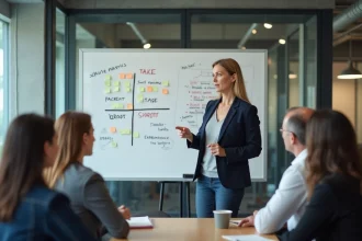 Formatrice en entreprise expliquant la méthode SWOT à son équipe devant un tableau blanc avec post-its colorés