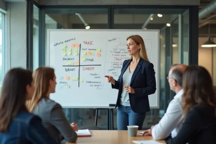 Formatrice en entreprise expliquant la méthode SWOT à son équipe devant un tableau blanc avec post-its colorés