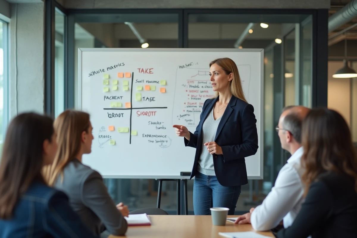 Formatrice en entreprise expliquant la méthode SWOT à son équipe devant un tableau blanc avec post-its colorés