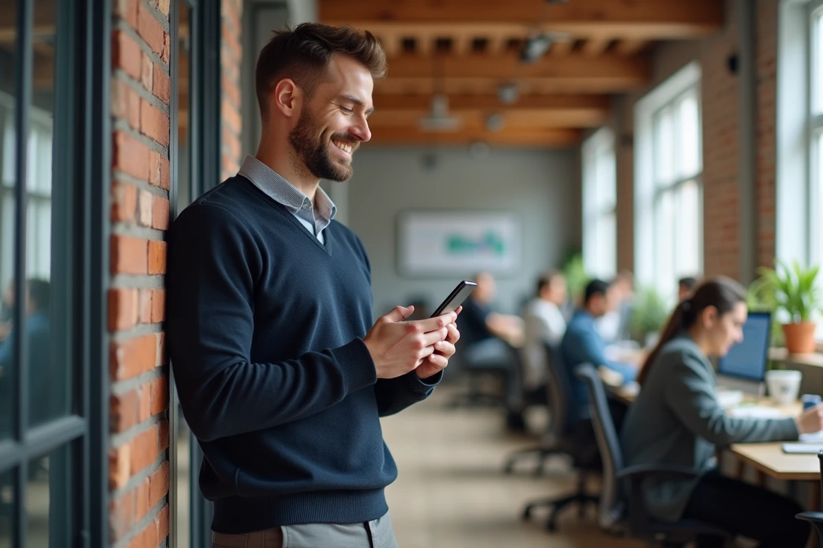 Freelance masculin consultant une application de prise de rendez-vous sur smartphone dans un espace de co-working moderne