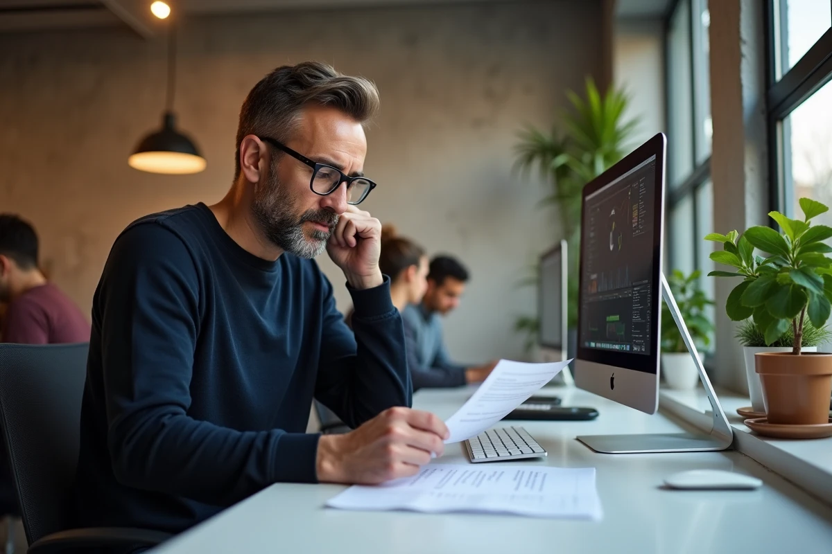 Freelance graphiste analysant des documents sur la réforme Def Acre dans un espace de coworking moderne