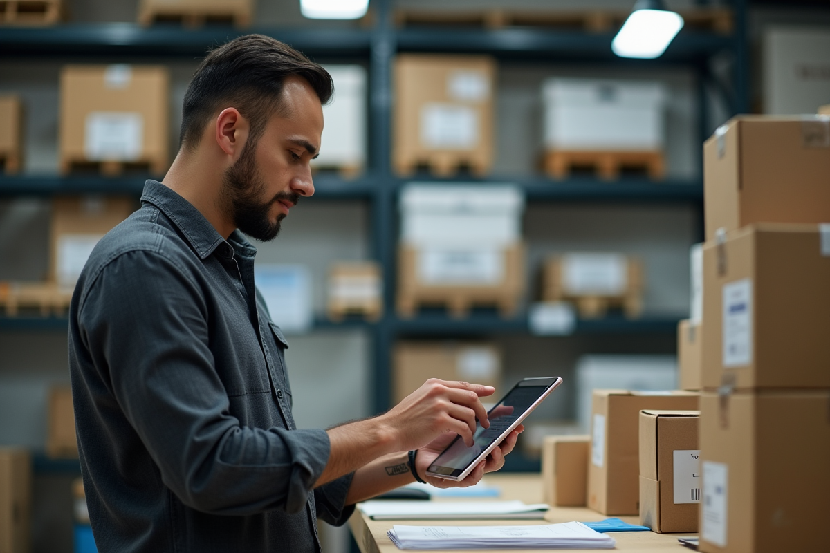 Propriétaire utilisant une tablette pour gérer inventaire et factures