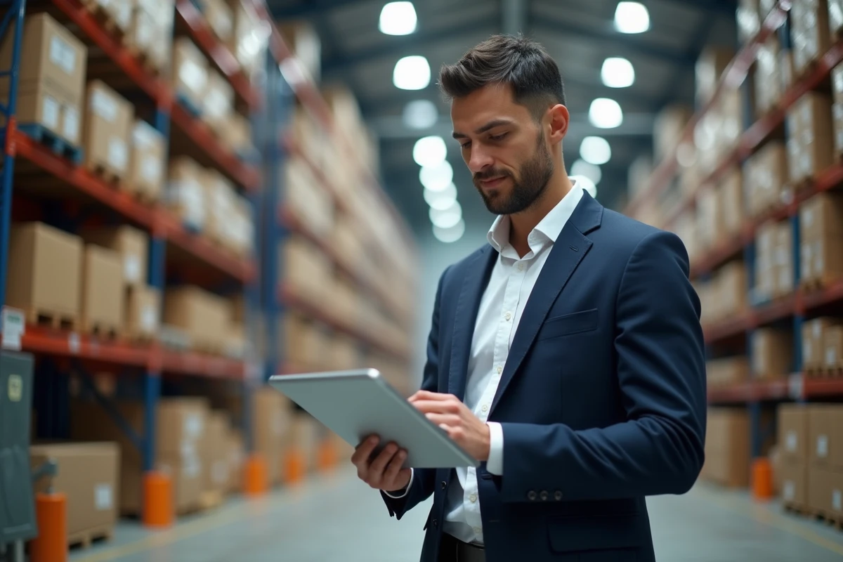 Manager logistique homme en costume dans centre de distribution