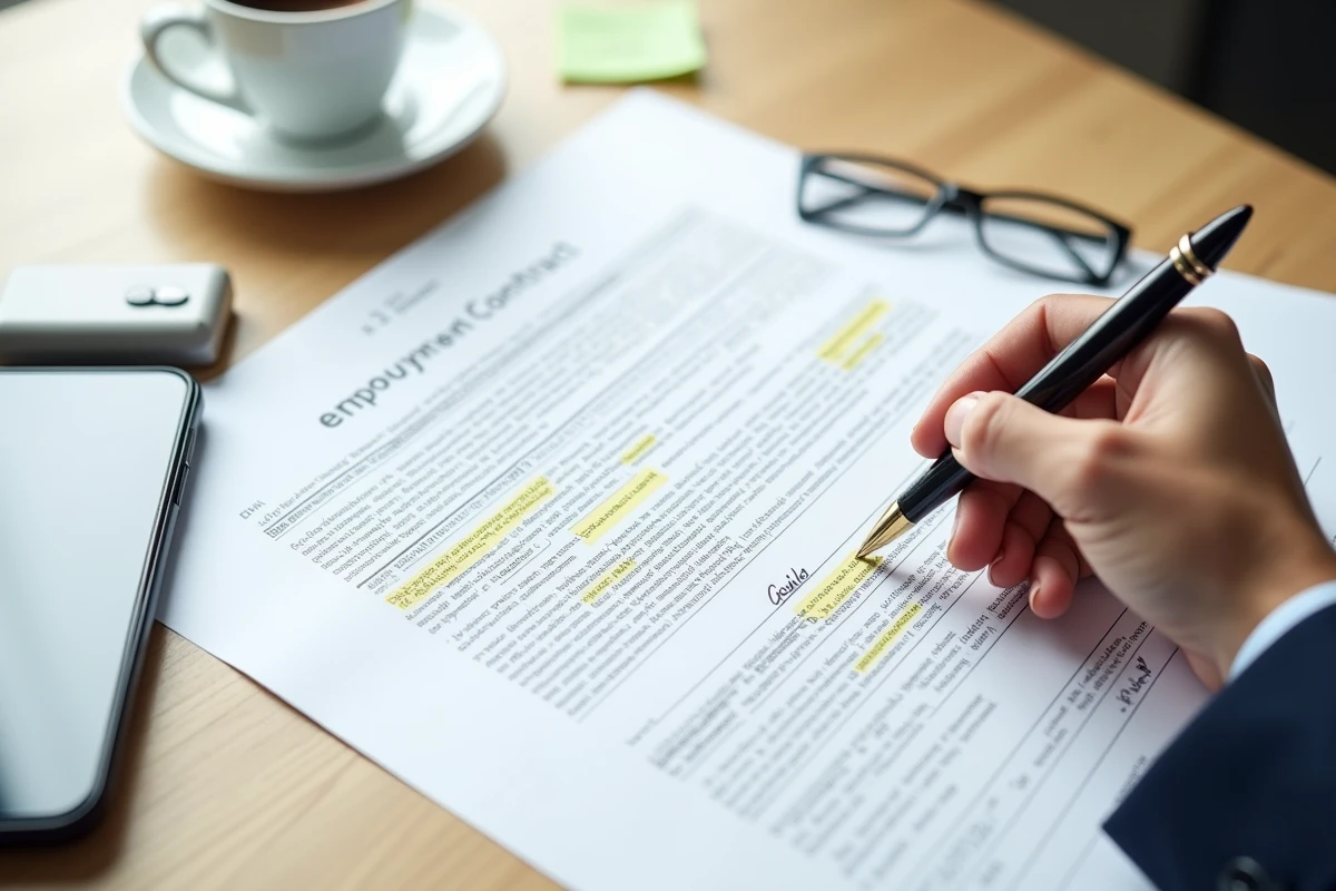 Gros plan sur un contrat de travail 39 heures avec clauses surlignées et stylo avant signature