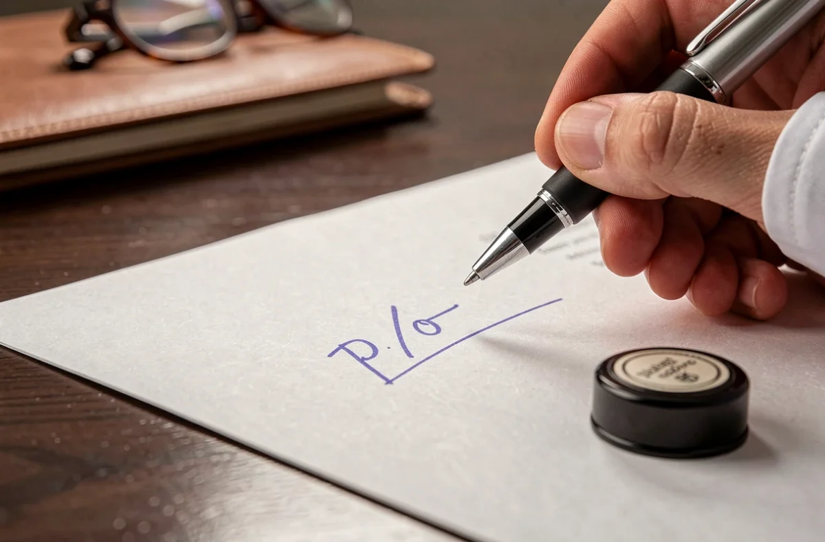 Gros plan sur une signature p/o manuscrite sur un document officiel avec tampon et stylo