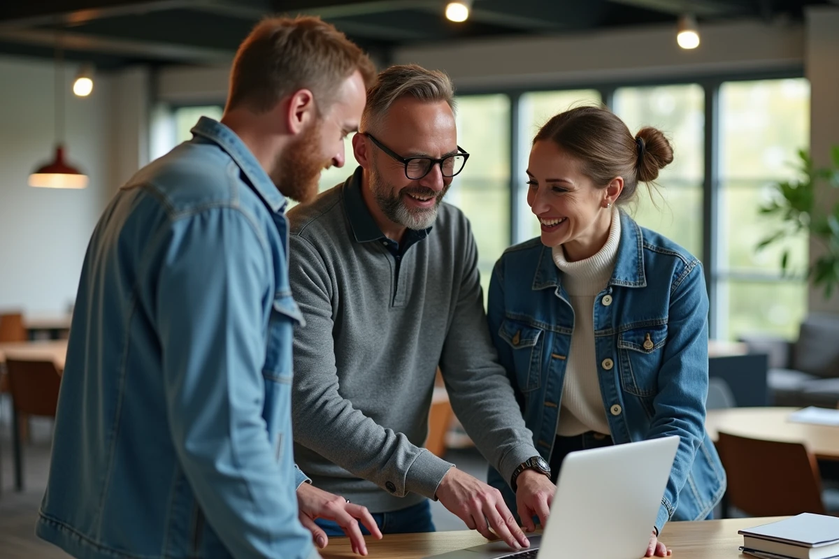 Groupe de trois personnes discutant dans un espace de travail moderne