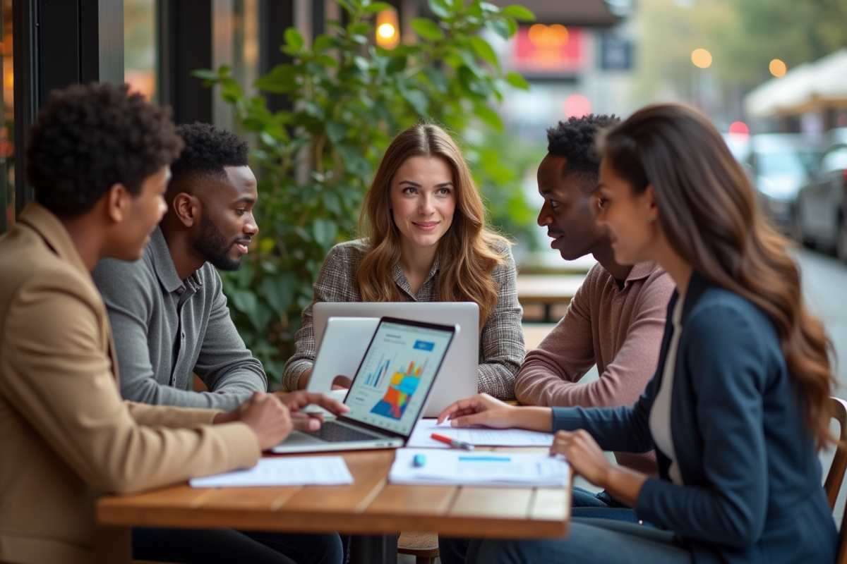 Groupe de jeunes discutant de Disney au café