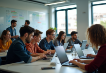 Groupe de jeunes collaborant sur des ordinateurs portables dans une salle moderne