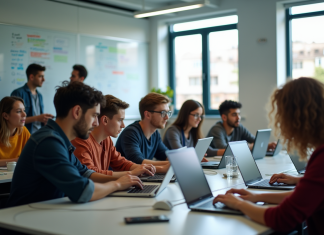 Groupe de jeunes collaborant sur des ordinateurs portables dans une salle moderne