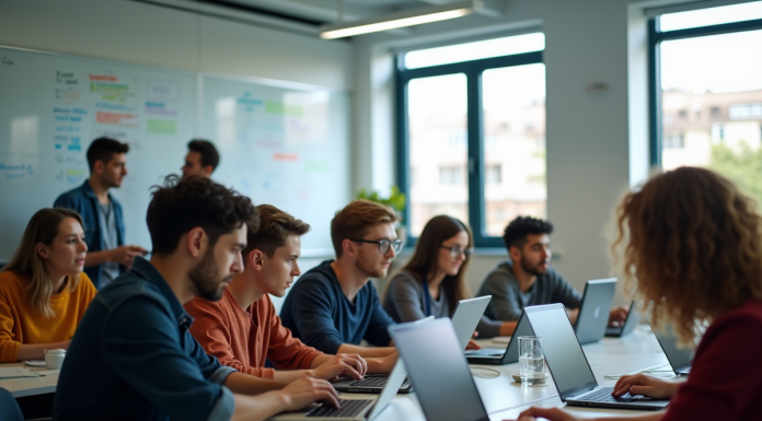 Groupe de jeunes collaborant sur des ordinateurs portables dans une salle moderne
