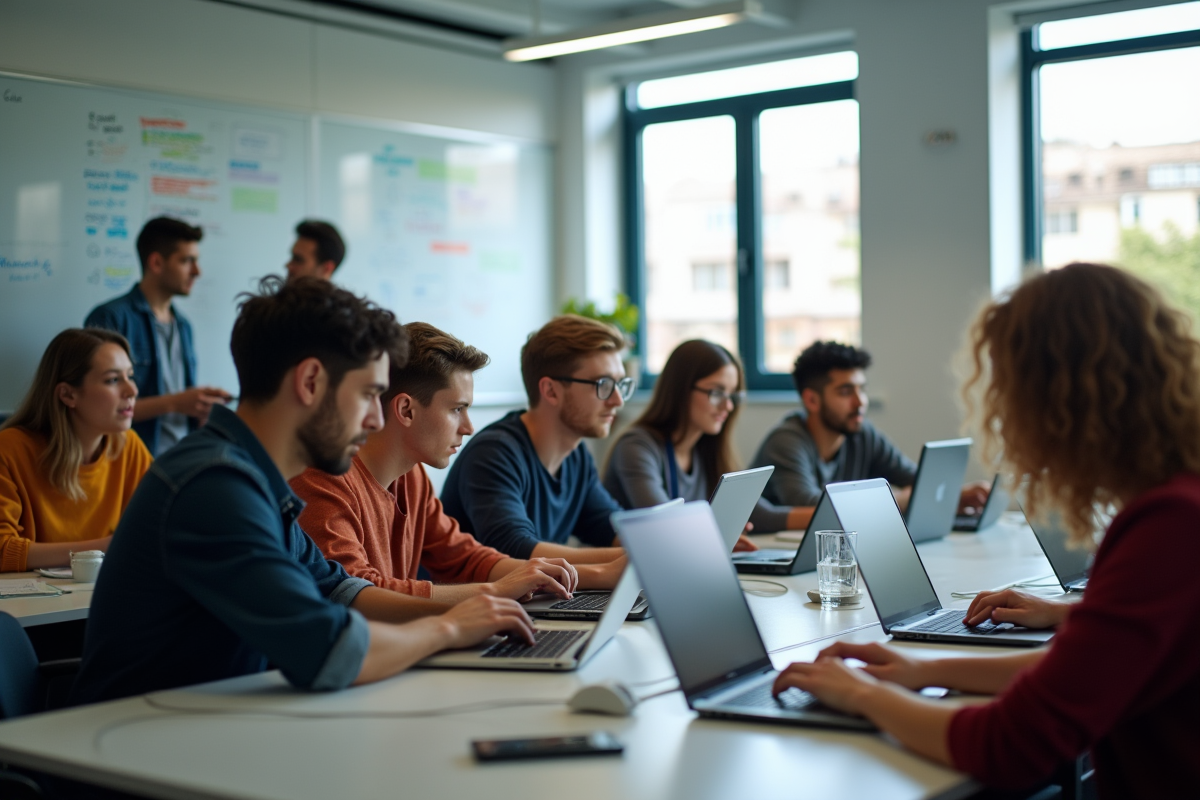Groupe de jeunes collaborant sur des ordinateurs portables dans une salle moderne